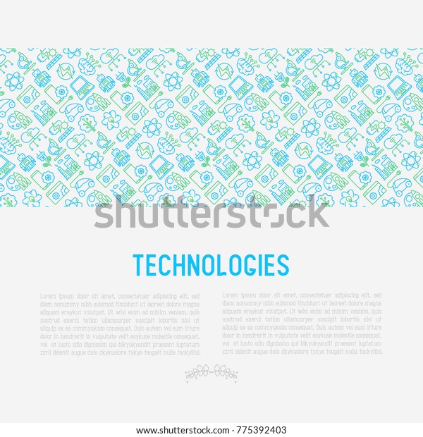 Technologies concept with thin line icons of:\
electric car, rocket, robotics, solar battery, machine\
intelligence, web development. Vector illustration for banner, web\
page, print\
media.