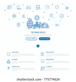 Technologies conceptwith thin line icons of: electric car, rocket, robotics, solar battery, machine intelligence, web development. Vector illustration, template for web page.