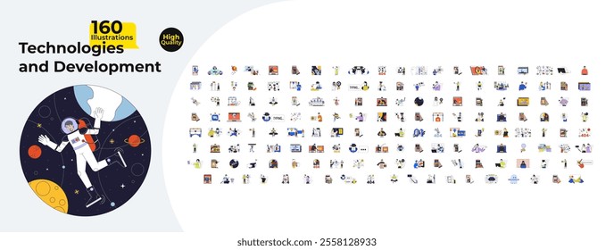 Technologies and development cartoon flat illustrations mega bundle. Cybersecurity, scientists 2D images isolated on white. Smartphone using. Robotics, cosmos collection vector drawings colorful