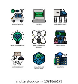 Technologies Disruption icon set, filled outline