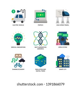 Technologies Disruption icon set, flat style