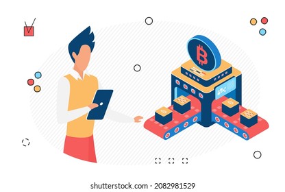tecnologías para el intercambio de criptomonedas, la explosión financiera, la compra de bitcoin. Vendiendo dinero de la cadena de bloqueo por Internet, imagen vectorial aislada