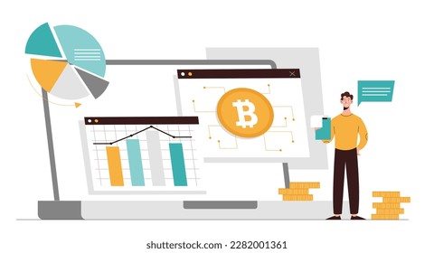 Technologies fintech concept. Man evaluates graphs and charts, analyzes bitcoin and cryptocurrency. Investing and trading, financial literacy and passive income. Cartoon flat vector illustration