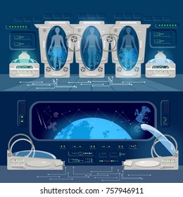 Technologies of future, colonization of Universe. Astronauts in cryogenic cameras, deep space interior of interstellar ship. Space travel to other planets banner 