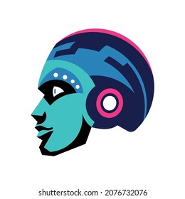 Technologies future composition with isolated image of neon colored human head with makeup implants and gadgets vector illustration