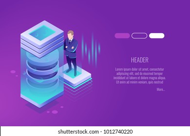 Technologies of the future, Cryocamera, The scientist costs near power plant, development of new technologies isometric vector illustration