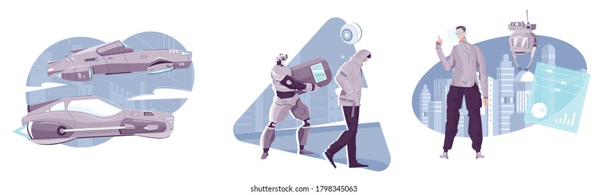 Technologies of future flat compositions with robots futuristic vehicles man wearing headset with vr interface isolated vector illustration