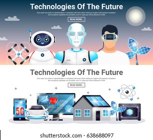 Technologies of future horizontal banners with eco house, electric car, robots, artificial photosynthesis, drones isolated vector illustration  