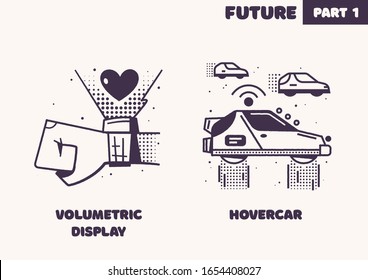Tecnologías del futuro. Conjunto de iconos Retro. Ilustración vectorial plana. Comunicación, inteligencia artificial, ciborgs, hologramas y camiones voladores. Concepto futurista.