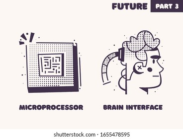 Tecnologías del futuro. Conjunto de iconos Retro. Ilustración vectorial plana. Comunicación, inteligencia artificial, ciborgs, hologramas y camiones voladores. Concepto futurista.