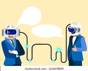 Technologies of the future. Two businessmen communicate in thought. In minimalist style Cartoon flat vector Illustration.