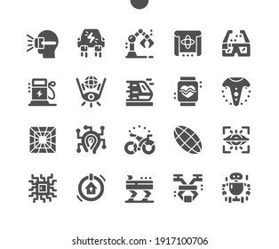 Technologies of the future. Virtual reality. Robotization. Vacuum trains. Solar panels and smart house. Vector Solid Icons. Simple Pictogram
