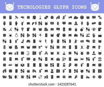 Technologies glyph icons big set. Artificial intelligence, robots and chatbots. NFC, internet banking, online payments services. Mobile technologies. Silhouette symbols. Vector isolated illustration