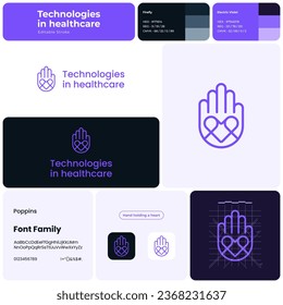 Technologies in healthcare logo with brand name. Hand holding a heart icon. Creative design element and visual identity. Template with poppins font. Suitable for healthcare, technology, innovation.