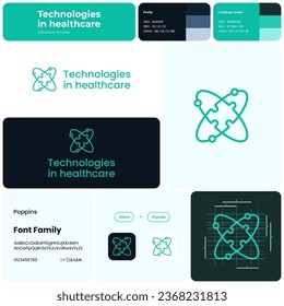 Technologies in healthcare logo with brand name. Atom and puzzle icon. Creative design element and visual identity. Template with poppins font. Suitable for healthcare, technology, innovation.