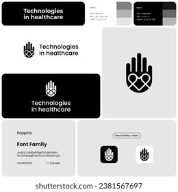 Technologies in healthcare monochromatic business logo with brand name. Hand holding a heart icon. Design element. Template with poppins font. Suitable for healthcare, technology, medical, innovation.
