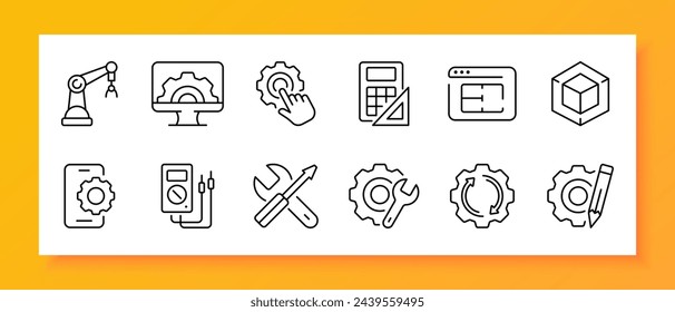 Technologies icon set. Hydraulic arm, calculator, drawing, marking, ruler, smartphone, ammeter, screwdriver. Black icon on a white background. Vector line icon for business and advertising