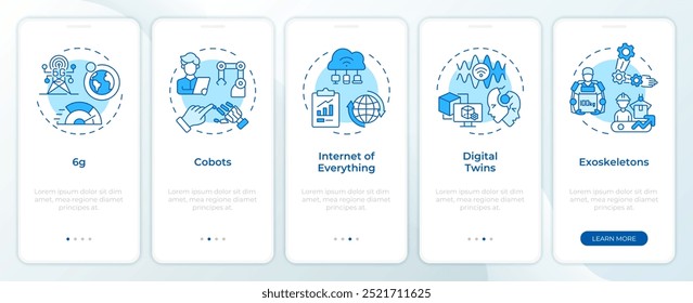 Tecnologías de la industria 5.0 pantalla de App móvil de incorporación azul. Instrucciones gráficas editables de 5 pasos con conceptos lineales. PLANTILLA UI, UX, GUI