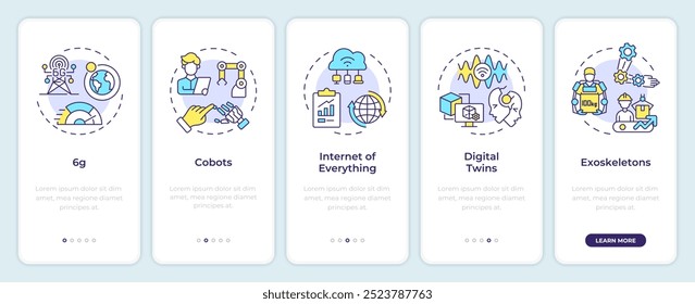 Technologies of industry 5.0 onboarding mobile app screen. Walkthrough 5 steps editable graphic instructions with linear concepts. UI, UX, GUI template