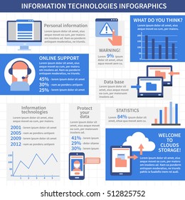 IT technologies infographics  flat layout with text and graphs Information and statistic of data protection vector illustration 