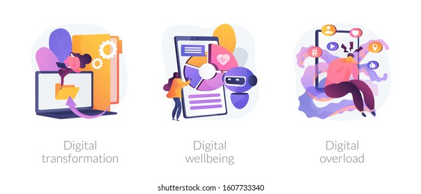 Technologies Integration, Online Documents Organization. Modern Innovation. Digital Transformation, Digital Wellbeing, Digital Overload Metaphors. Vector Isolated Concept Metaphor Illustrations.