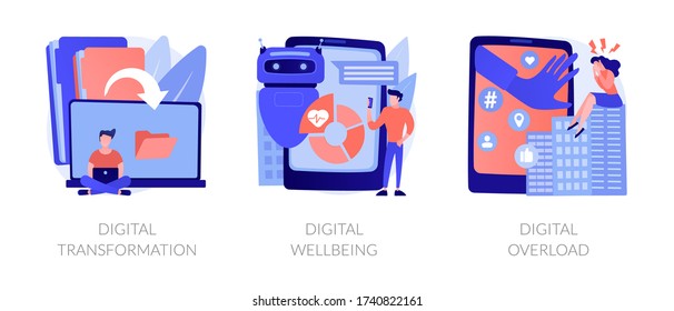 Technologies Integration, Online Documents Organization. Modern Innovation. Digital Transformation, Digital Wellbeing, Digital Overload Metaphors. Vector Isolated Concept Metaphor Illustrations.