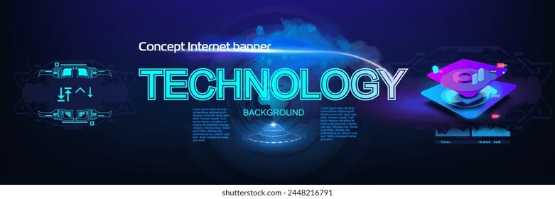 Technologies. Internet banner concept. Background with neon flash and Technology title. Futuristic internet banner concept with modern digital graphics and HUD style splash screen. Internet technologi