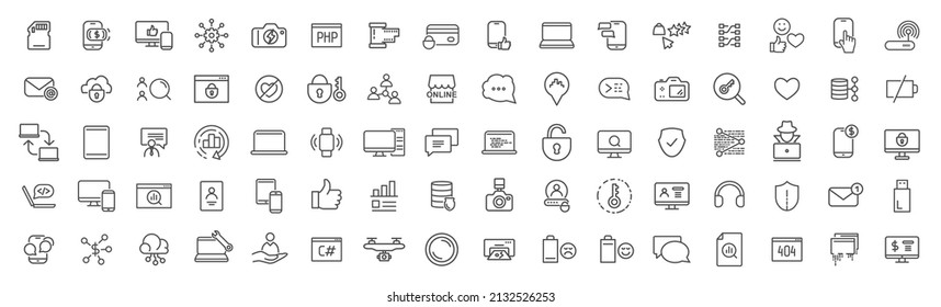 Sammlung von Symbolen für Internet und Technologien. Das große UI-Icon-Set. Paket mit den Symbolen der dünnen Umrisse. Vektorgrafik eps10