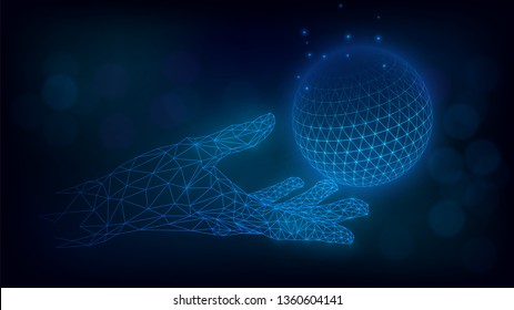 Сommunication technologies, Internet, web, globalization. Blue Earth in low poly arm