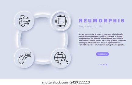 Technologies line icon. Technology interaction, processor, robot, planet, cloud saving, processor, brain. Neomorphism style. Vector line icon for business and advertising
