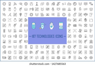 Technologies linear icons big set. Artificial intelligence, robots. NFC, internet banking, online payments services. Thin line contour symbols. Isolated vector outline illustrations. Editable stroke