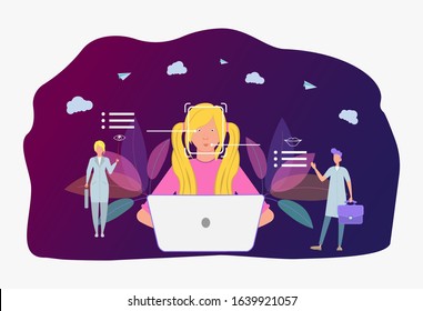 Technologies for measuring the position of the eyes and movements of women. Eye tracking technology, eye tracking, eye position sensor concept. Colorful vector illustration