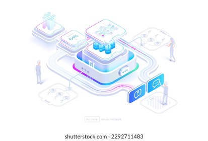 Technologies of neural networks A person uses a neural network. Chat with artificial intelligence, image generation. The structure of the neural network. Isometric image 3d style
