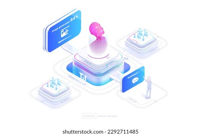 Technologies of neural networks A person uses a neural network. Chat with artificial intelligence, image generation. The structure of the neural network. Isometric image 3d style