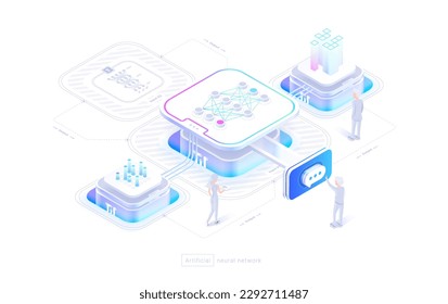 Technologies of neural networks A person uses a neural network. Chat with artificial intelligence, image generation. The structure of the neural network. Isometric image 3d style