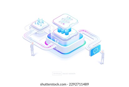 Technologies of neural networks A person uses a neural network. Chat with artificial intelligence, image generation. The structure of the neural network. Isometric image 3d style