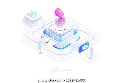 Technologies of neural networks A person uses a neural network. Chat with artificial intelligence, image generation. The structure of the neural network. Isometric image 3d style