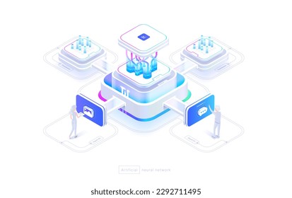 Technologies of neural networks A person uses a neural network. Chat with artificial intelligence, image generation. The structure of the neural network. Isometric image 3d style