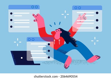 Technologies and online work concept. Young smiling woman worker sitting and managing three online screens with chats during work vector illustration 