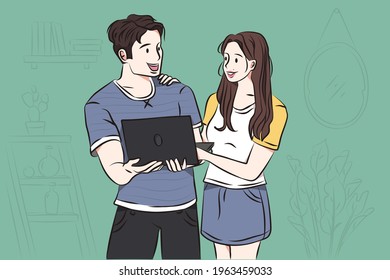 Concepto de tecnologías y emociones positivas. Retrato de una pareja alegre y alegre sosteniendo una computadora portátil de pie y celebrando la ilustración vectorial 