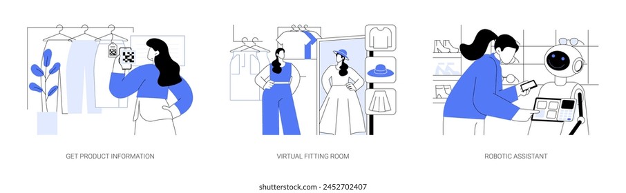 Technologies in retail isolated cartoon vector illustrations set. Customer scanning QR code to get product information, virtual fitting room in clothes store, store robotic assistant vector cartoon.