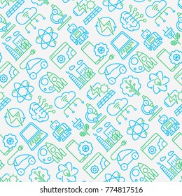 Technologies seamless pattern with thin line icons of: electric car, rocket, robotics, solar battery, machine intelligence, web development. Vector illustration.