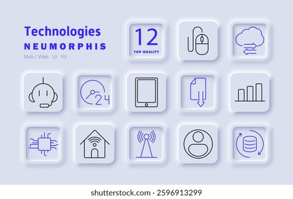 Technologies set icon. AI assistant, cloud computing, smart home, wireless signal, data transfer, file download, tablet, statistics, customer profile, automation, microchip