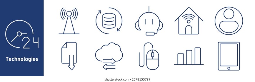 Technologies set icon. Antenna, data sync, headset, smart home, user profile, document, cloud sync, mouse, graph, tablet. Represent connectivity, smart devices, and digital integration