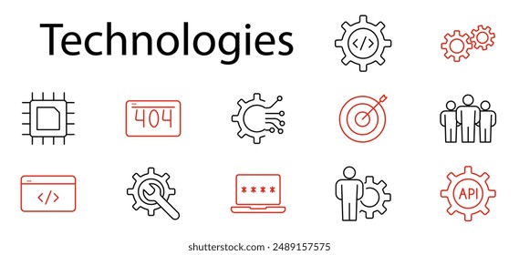 Icono de conjunto de Tecnologías. Chip, 404, código, engranaje, objetivo, personas, API, portátil, Configuraciones, microchip, software, programación, desarrollo, TI, digital, hardware, red, técnica, innovación, ingeniería.