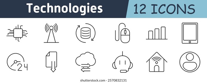 Technologies set icon. Chip, antenna, data refresh, mouse, graph, tablet, clock, download, cloud sync, chatbot, smart home, profile