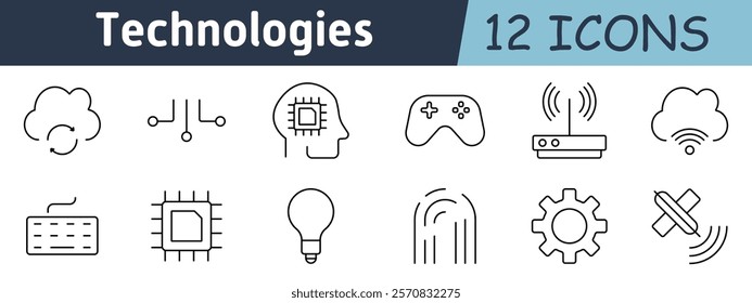 Technologies set icon. Cloud, circuit, AI head, gaming controller, router, cloud signal, keyboard, chip, lightbulb, fingerprint, cogwheel, signal off