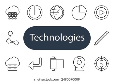 Technologies set icon. Cloud, power button, globe, chart, play, share, database, arrow, camera, dollar, network, server, digital, data, innovation.