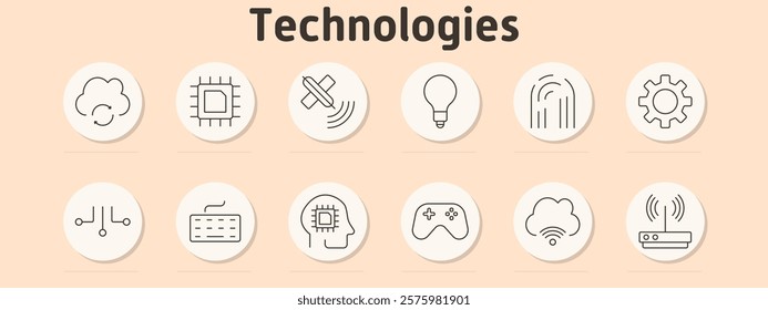 Technologies set icon. Cloud, processor, crossed satellites, light bulb, fingerprint, gear, circuit, keyboard, AI head, game controller, wireless connection, router