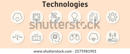 Technologies set icon. Cloud, processor, crossed satellites, light bulb, fingerprint, gear, circuit, keyboard, AI head, game controller, wireless connection, router